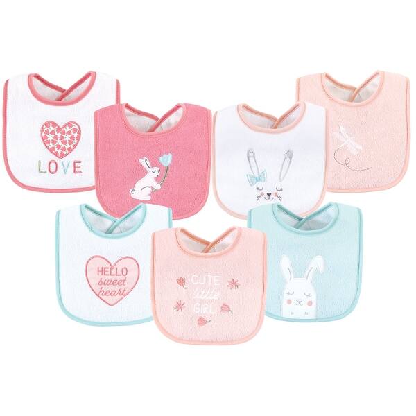 slide 1 of 1, Hudson Baby Infant Girl Cotton Terry Drooler Bibs with Fiber Filling Set, Bunny, One Size - Bunny - One Size One Size - Bunny