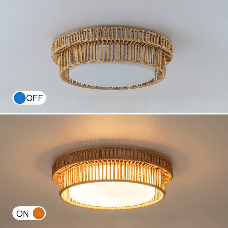 Integrated LED Brown Paper Rope Woven Shade with Opal Glass Flush Mount Ceiling Light - W12" × D12" × H3.2"