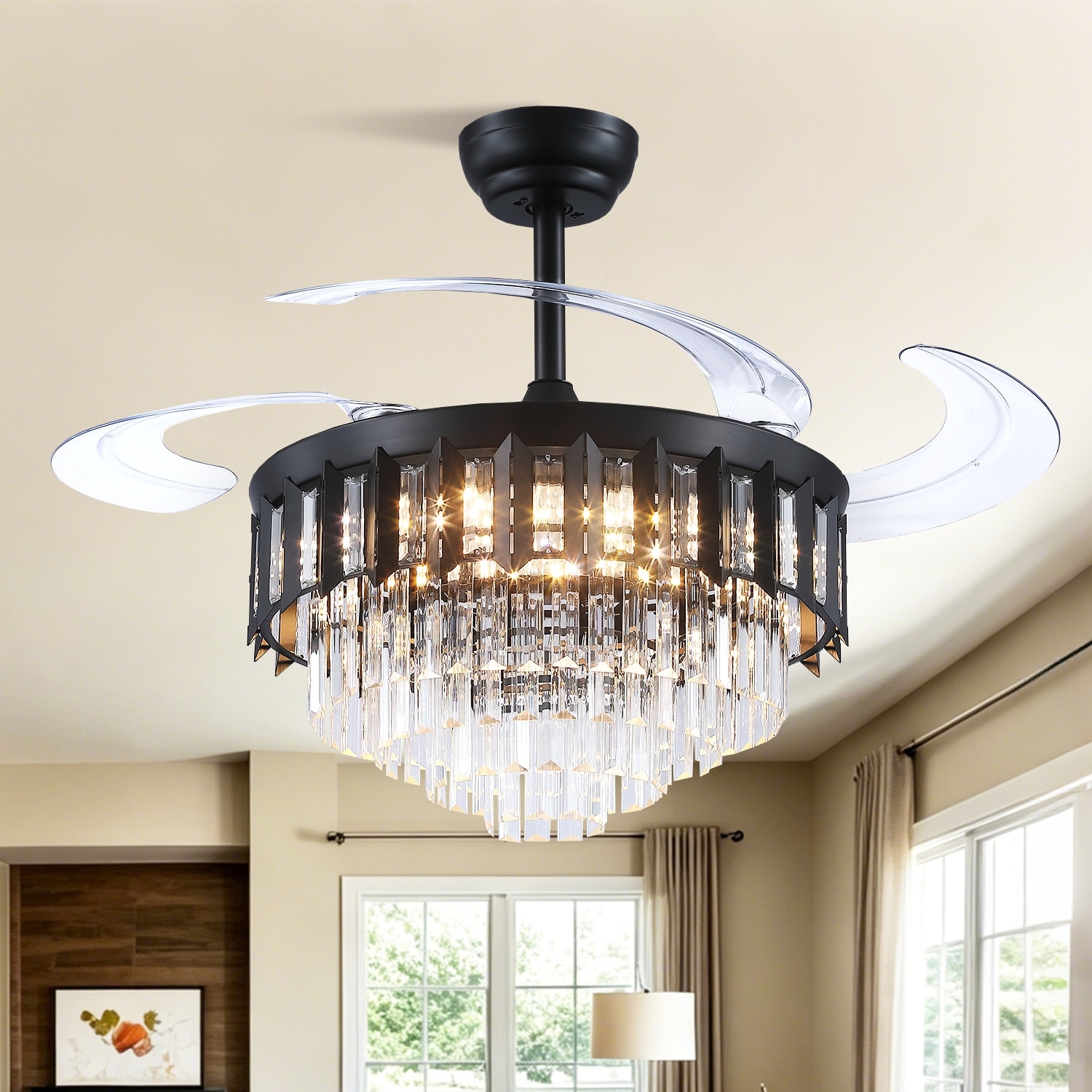 48" Crystal Fandelier Ceiling Fan with Light and Remote Retractable Blades - 48 Inches