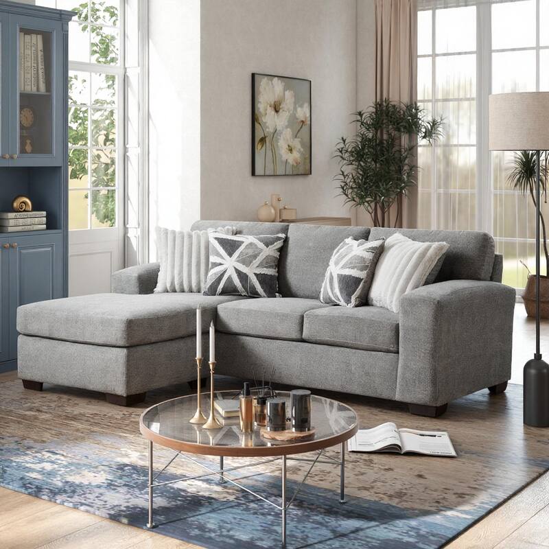 Roundhill Furniture Arden L-Shaped Convertible Living Room Sofa Chaise with Floating Ottoman, Posh Gray - 7'6" x 9'6"