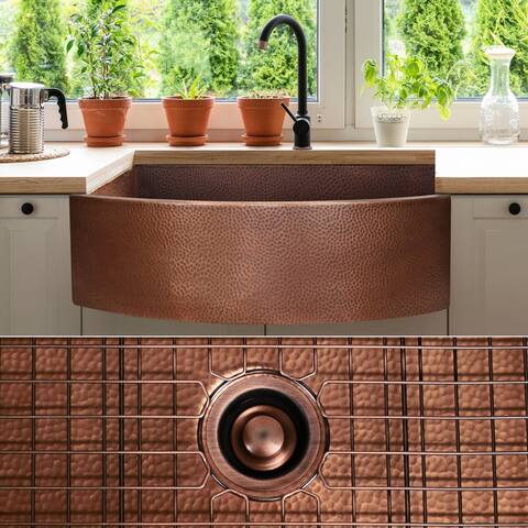 Fossil Blu 33-Inch Heavy 12-GAUGE Medium Patina Copper Farmhouse Sink, Includes Accessories, CURVED Front - 33 x 22 x 10