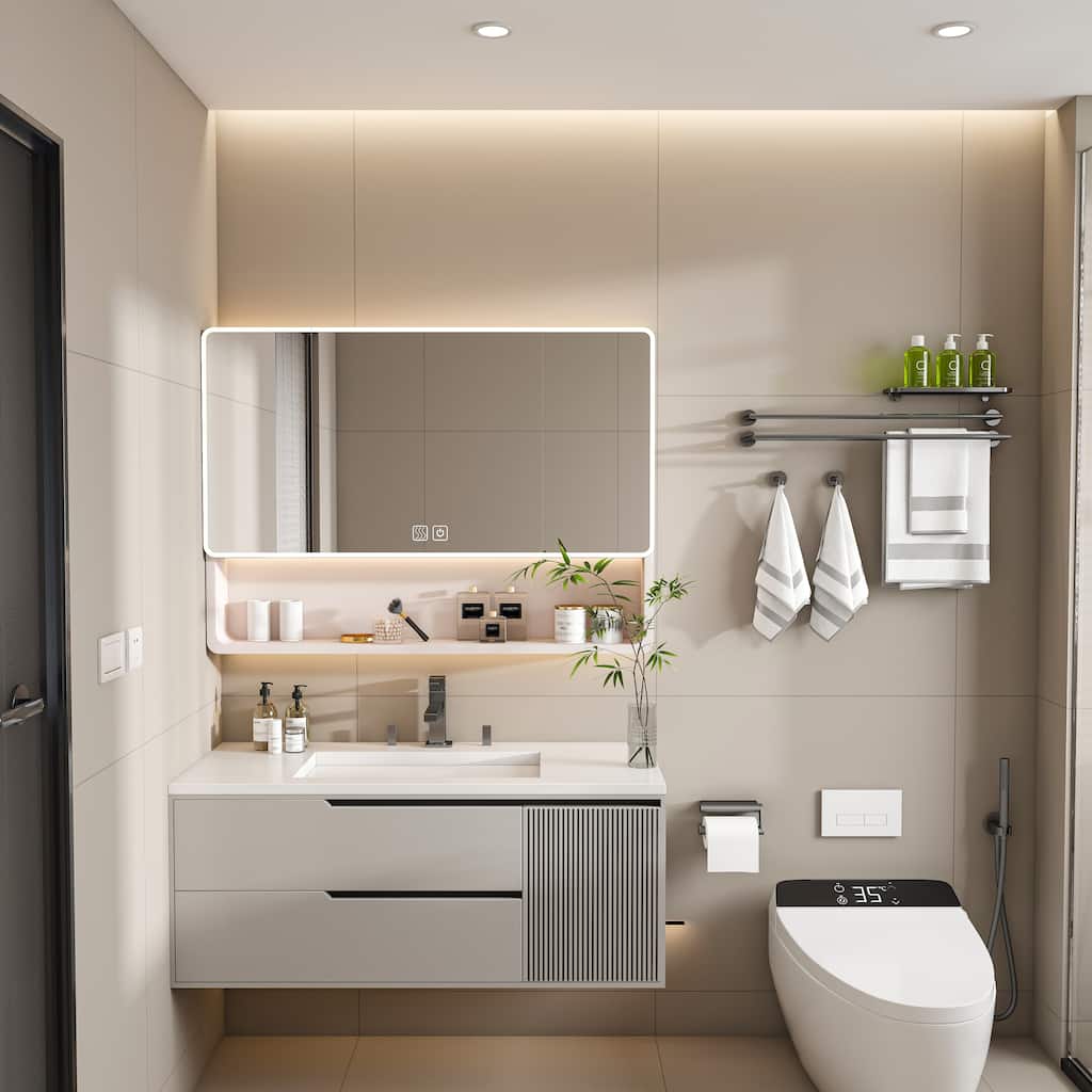 Aluminium Medicine Cabinet Mirror, 35 x 28 Inches Medicine Cabinet with 3 Colors LED Light and Defogging Function