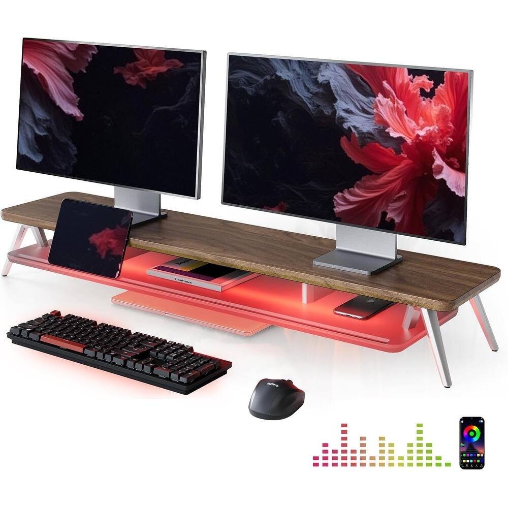 Fenge Dual Monitor Stand for Desk, 2 Tiers Monitor Riser with Acrylic Shelf & App Control LED Lights - 42.5 x 11 x 5.7 inches