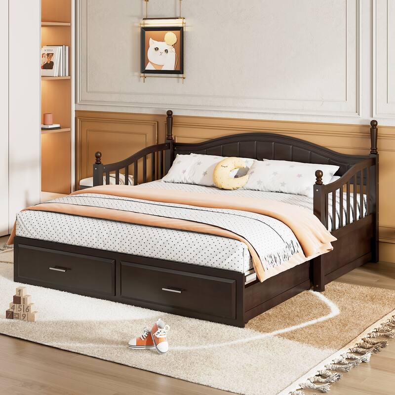 Wooden Twin Size Daybed with Twin Size Trundle, Extendable Daybed with Two Storage Drawers - Espresso