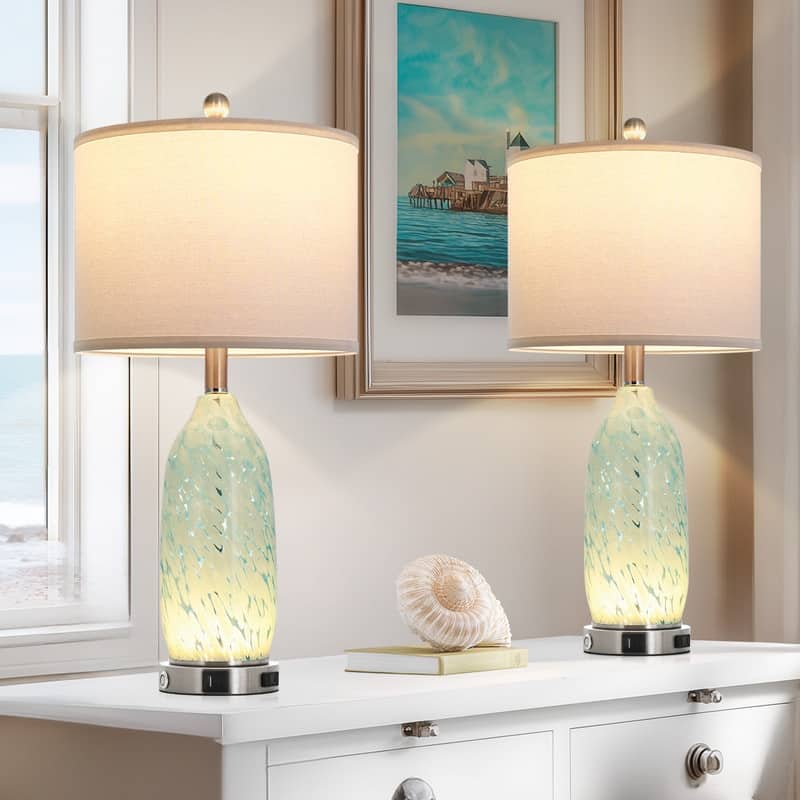 25" Coastal Bedside Table Lamps with 3-Way Touch Dimming and Charging Ports