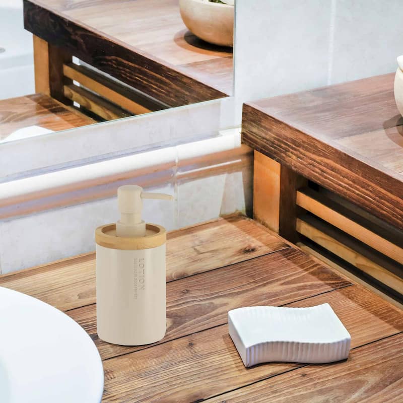 Elegant Soap Dispenser - Polyresin and Bamboo Design, Refillable Liquid Pump - 3 L x 3 W X 7 h