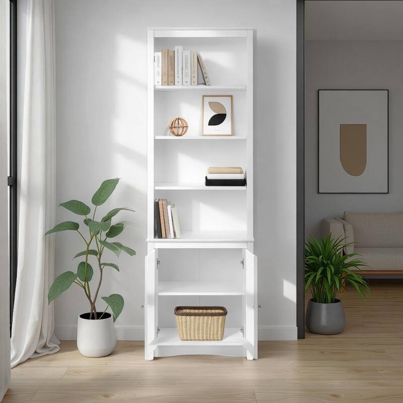 Tall Bookcase with 2 Shaker Doors, White