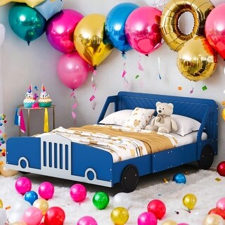 Full Size Car-Shaped Platform Bed Frame with Wheels, Blue