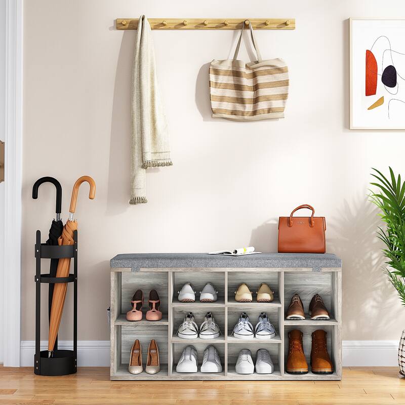Compact Shoe Bench with Adjustable Heights,Cushioned 3-Tier Shoe Rack Organizer with 5 Compartments