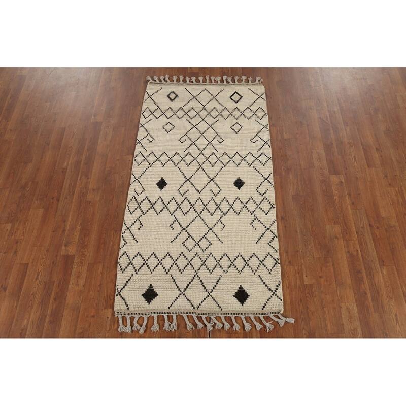 Ivory Striped Moroccan Oriental Accent Rug Handmade Wool Carpet - 2'10"x 5'6"