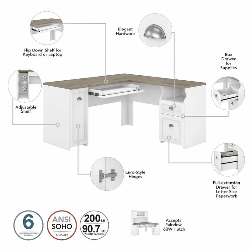 Fairview 60W L Shaped Desk with Drawers and Cabinet by Bush Furniture
