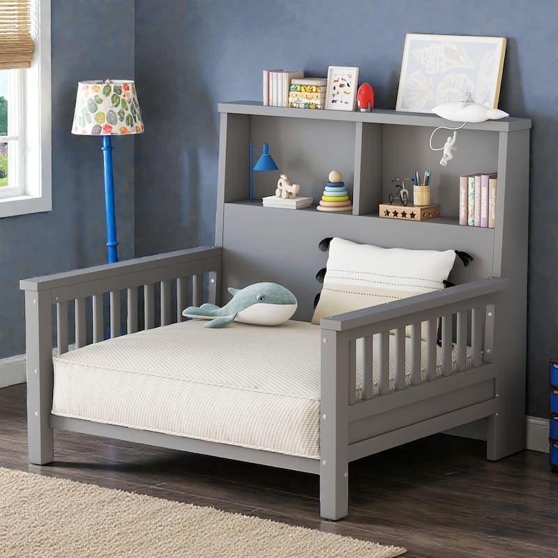 Twin Platform Bed with Storage Headboard, Safety Guardrails and Pull-Out Convertible Sofa/Playpen Design