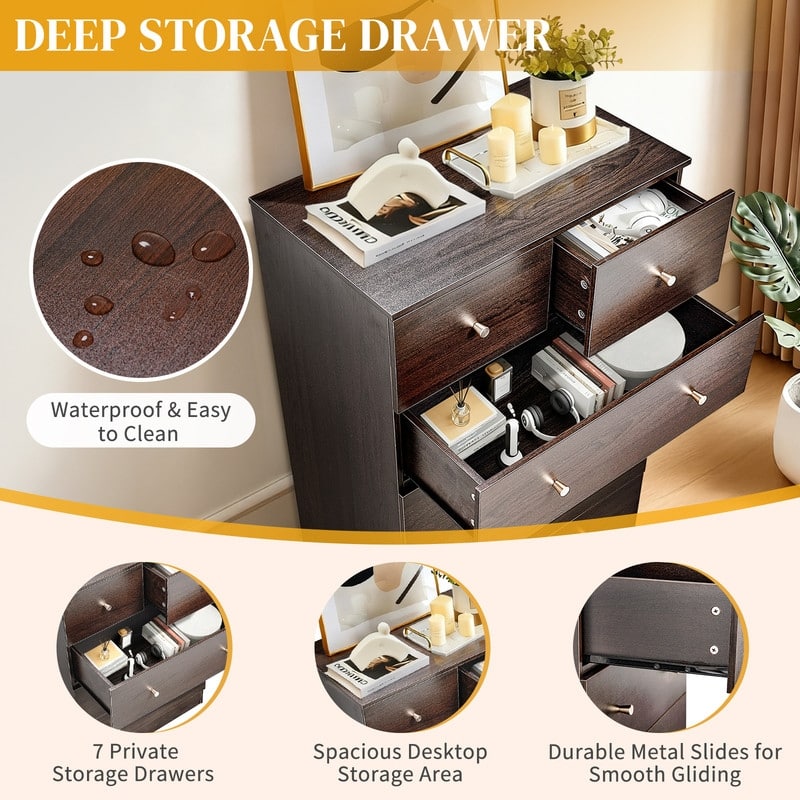 Large 7-Drawer Dresser For Bedroom And Chest Of Drawers With Sturdy Construction Wood Storage Organizer For Closet