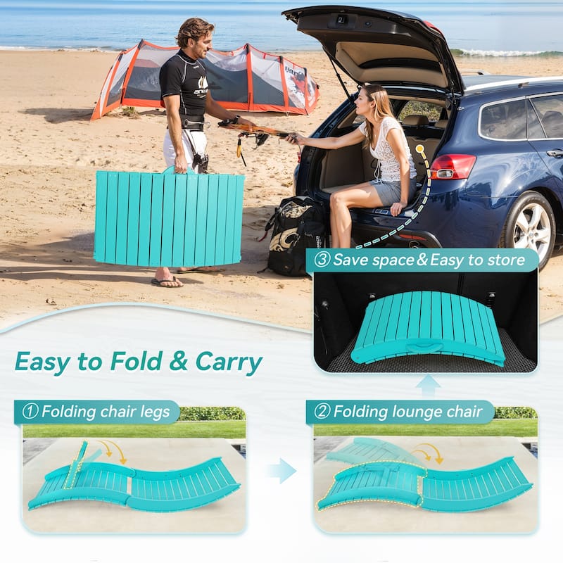 2-Piece Folding HDPS Plastic Outdoor Pool Chaise Lounges with Headrest Cushion