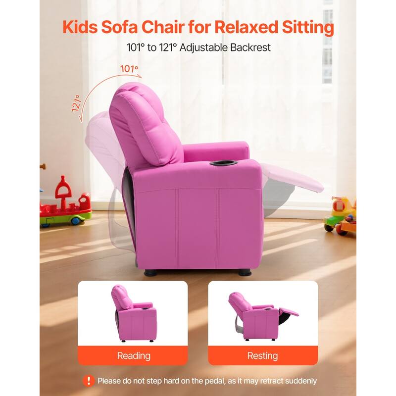 Kids Recliner Chair with Adjustable Backrest, Cup Holders and Leather Surface - 22.4 x 20.3 x 25.8 in
