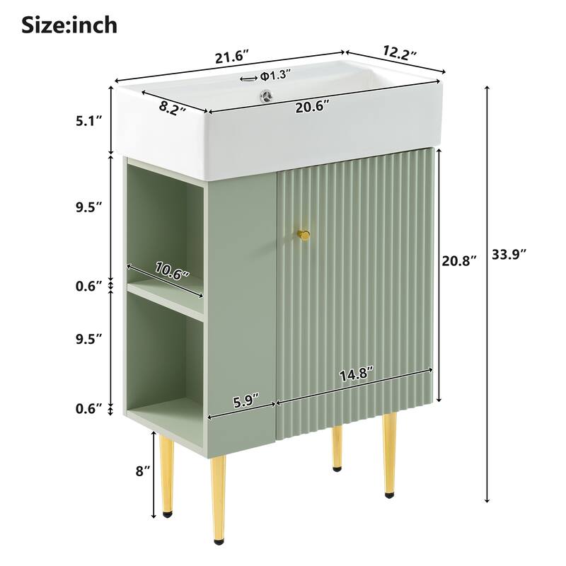 21.6" Bathroom Vanity With Combo Cabinet, Bathroom Storage Cabinet Featuring Single Ceramic Sink And Left Side Storage