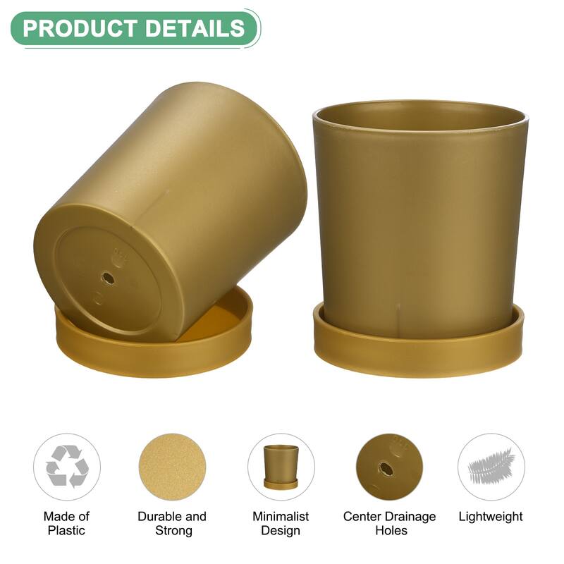 2-Pack Plant Pots, 4.5 Inch Plastic Pots with Drainage Holes - Gold