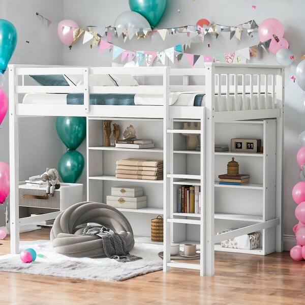 slide 2 of 18, Twin Size Child Loft Bed with 8-Open Storage Shelves, Wooden Kids Bed Frame with Built-in Ladder, White White
