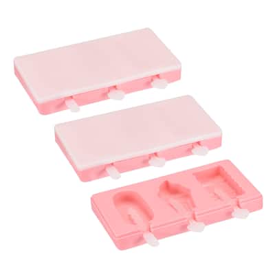 Silicone Ice Pops Molds 3Pack, Oval, Cake, Square Shapes with Lid - Pink