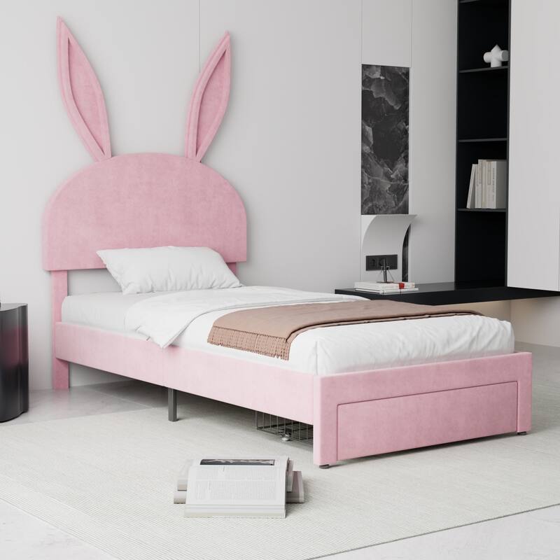 VECELO Twin Beds with Drawer for Kids, Upholstered Storage Bed Frame with Rabbit Headboard, Kids Bed Frame