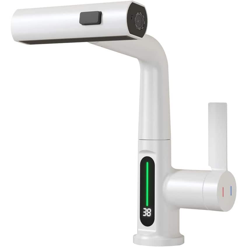 Lift LED Temperature Digital Bathroom Basin Faucet,Single Handle 360°Rotatable Waterfall 3-in-1 Basin Tap with Adjustable Height