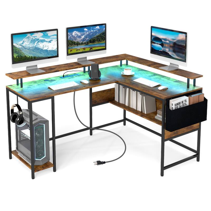 Gymax L-Shaped Gaming Desk w/ LED Lights & Power Outlets Monitor Stand - Brown