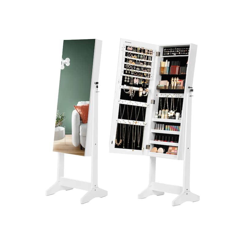 White Freestanding Lockable Jewelry Storage Cabinet with Full-Length Frameless Mirror - 16.2"L x 14.4"W x 59.8"H