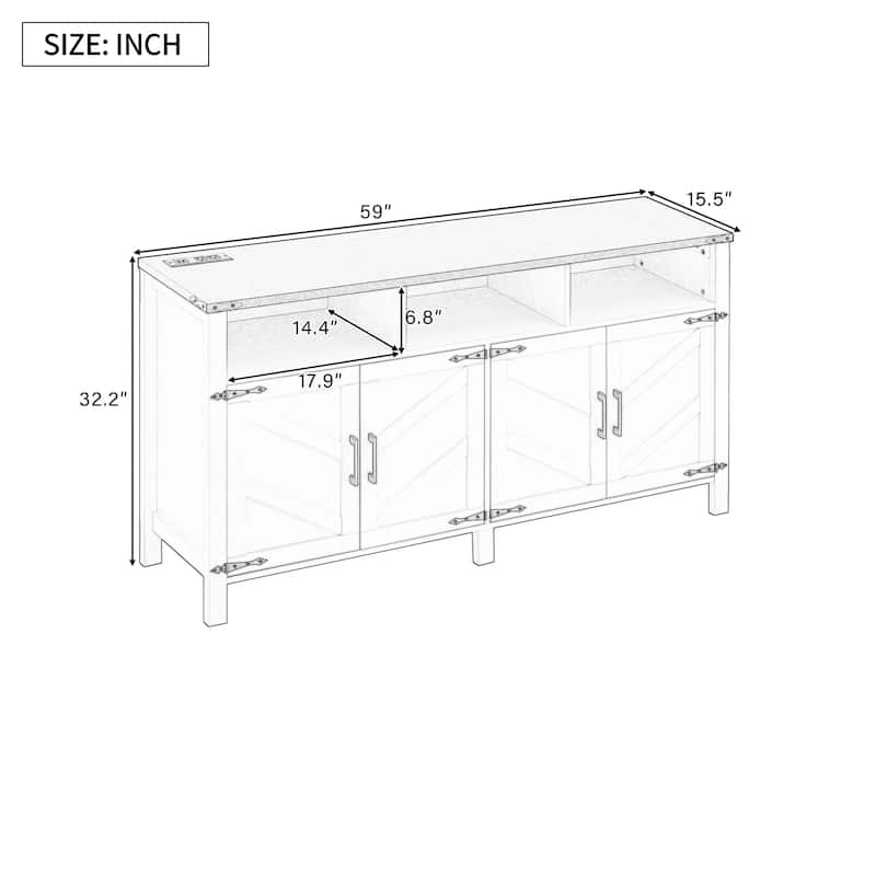 59" Modern 4-Door Sideboard Buffet with Power Outlets & USB Ports, Adjustable Shelves and Half-Open Storage Cabinet