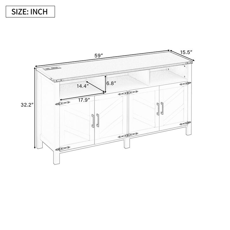 Farmhouse 4-Door Sideboard Buffet with Power Outlets and USB Ports Adjustable Shelves, for Living Room, Dining Room