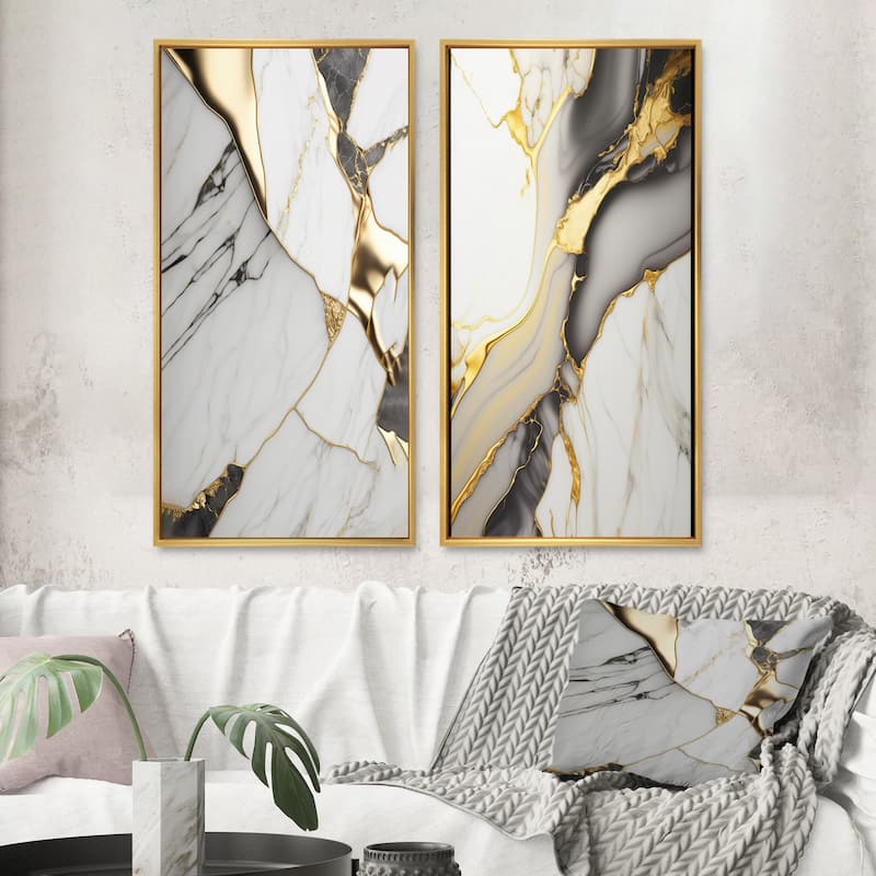 Designart "Abstract Geode Marble White And Gold" Abstract Marble Framed Canvas Set Of 2 For Living Room Decor - 40 in. wide x 40 in. high - Gold