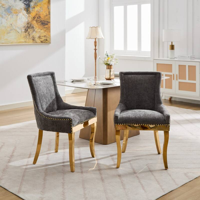 Chenille Dining Chairs,Curved Gold - Plated Legs & Rivet Trim,Accent Seating With Textured Fabric&One-Piece Structure,Set Of 2