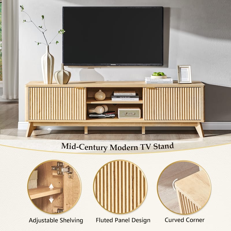 70" Modern Fluted TV Stand for Living Room, Wood Entertainment Center