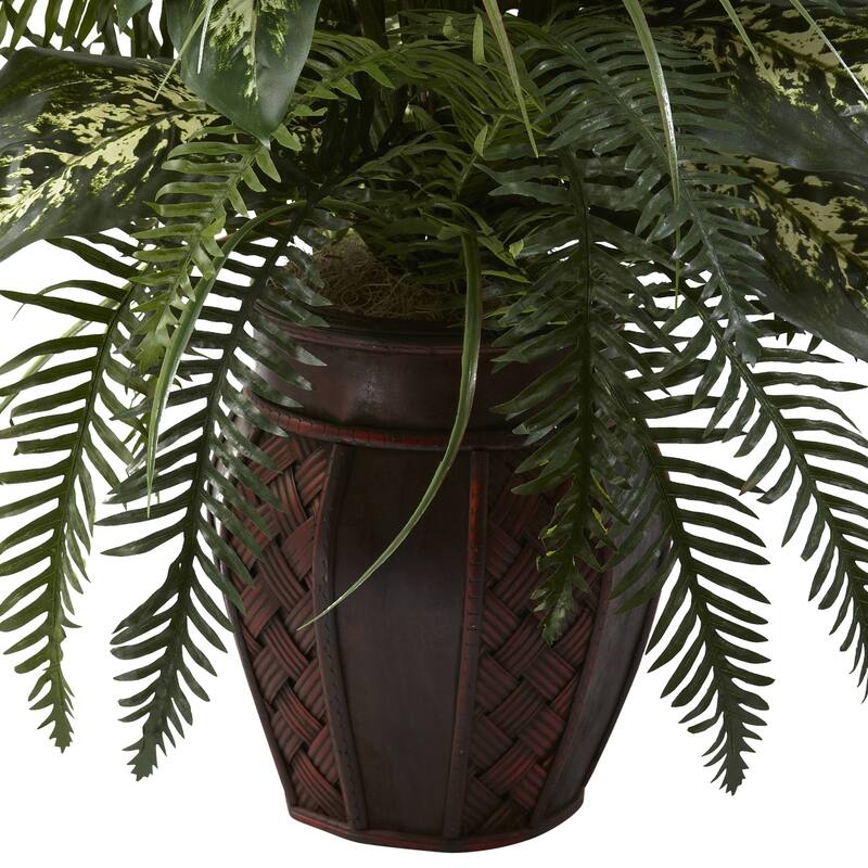 3' Artificial Mixed Greens and Cattails in Wicker Planter