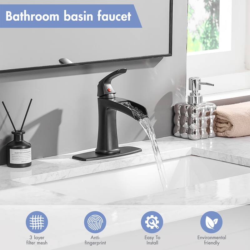 Single hole 1-handle Waterfall Handle Bathroom Sink Faucet with Drain with Deck Plate