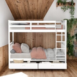 Twin over Twin Bunk Bed With Ladders and Two Storage Drawers for ...