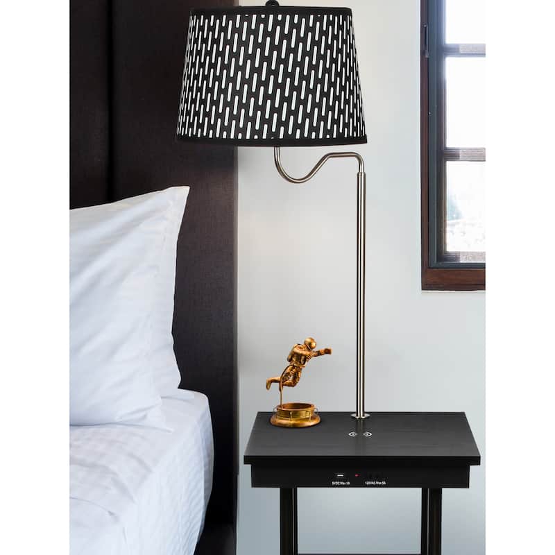 Brightech Madison 56 in. Classic Black Modern LED Bedside Table Lamp with Fabric Drum Shade and Built-In Wireless Charging Pad