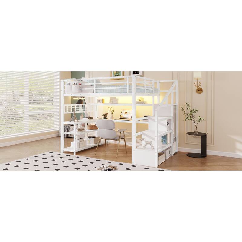 Roomfitters Full Metal Loft Bed, L-Shaped Desk and LED Staircase Wardrobe with Charging Station for Girls Bedroom