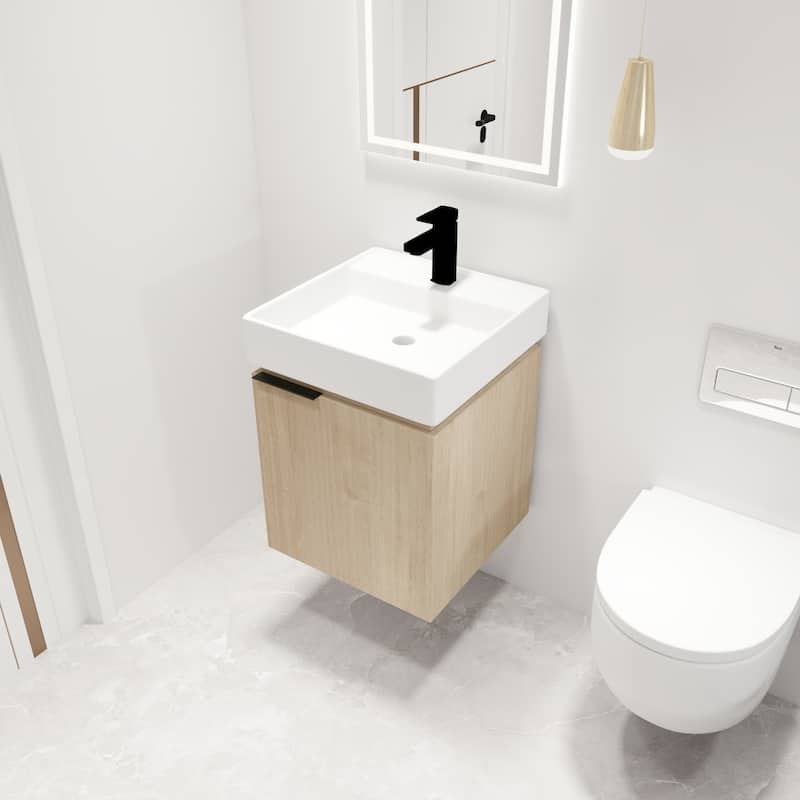 Malwee 18" Floating Bathroom Vanity, Wall Mounted Bathroom Vanity with Ceramic Sink and Soft Close Door - Colored - 17.9"×17.9"×23" - Beige