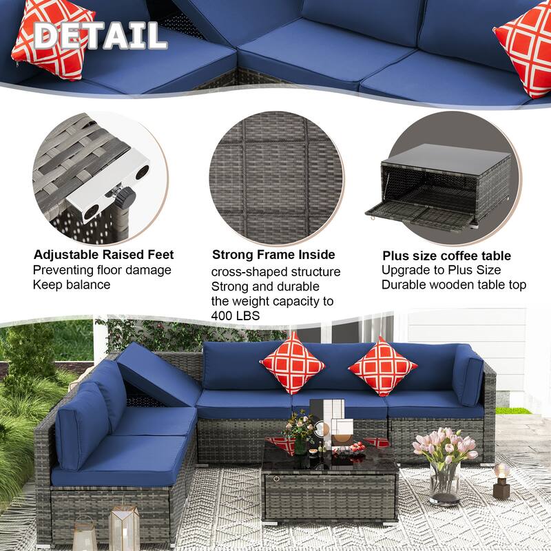 EROMMY 6/7 Piece Modular Outdoor Rattan Sofa Set, All-Weather Wicker Patio Furniture with Storage Table, Cushions & Pillows