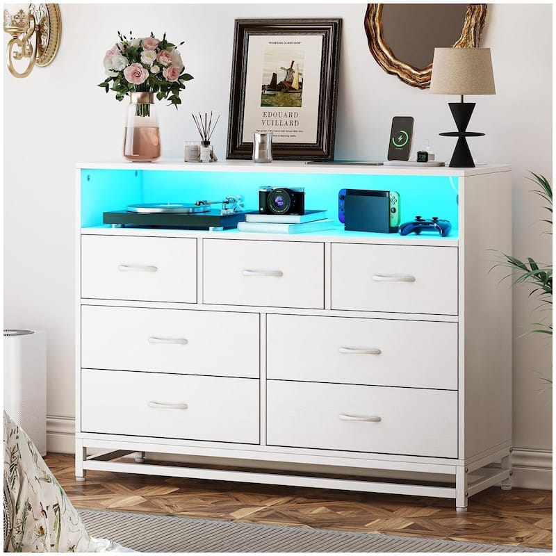 Modern 7-Drawer Dresser with Charging Station and LED Lights - White