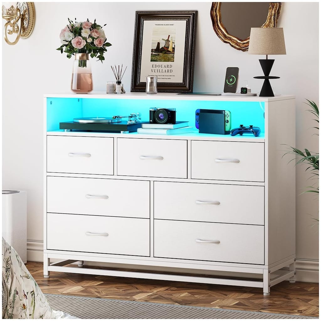 Modern 7-Drawer Dresser with Charging Station and LED Lights