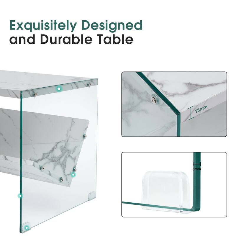 Ivinta Modern Glass Coffee Table，Small Cocktail Table with Storage Shelf
