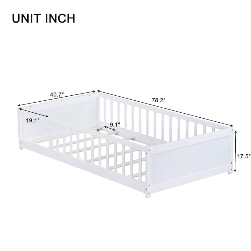 Twin Floor Bed with Built-in Bookcase Rubber Wood Low Profile Platform Bed