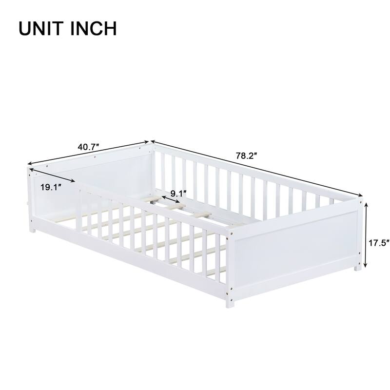Twin Size Floor Platform Bed with Built-in Book Rack, White