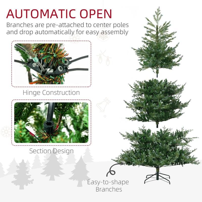 HOMCOM 7.5ft Artificial Christmas Tree Holiday Décor with 1288 Branches, Auto Open, Steel Base, Wide Shape - 7.37 ft