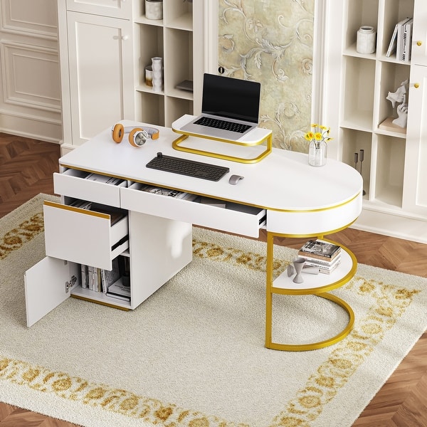 60''Modern Executive Desk,White Curved Computer Desk,Writing Desk with ...