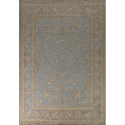 Oushak Turkish Area Rug Vegetable Dye Blue Hand-Knotted Wool Carpet - 8'11" x 11'11"