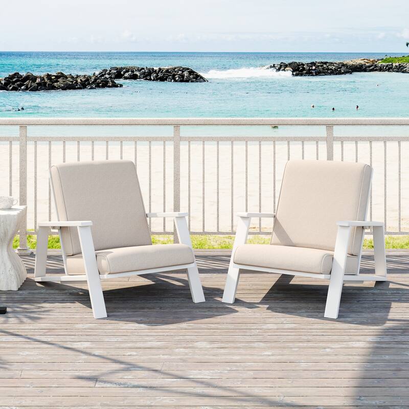 Patio Lounge Chair Set of 2 – Premium Acacia Wood Frame Outdoor Club Chairs with Beige Cushion, Ideal for Deck & Garden