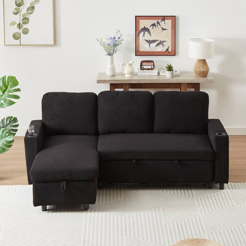 Modern Corduroy Reversible Sleeper Sofa Bed with Pullout Bed, L-Shaped Combo Sofa for Tight Spaces, Living Room, and Office
