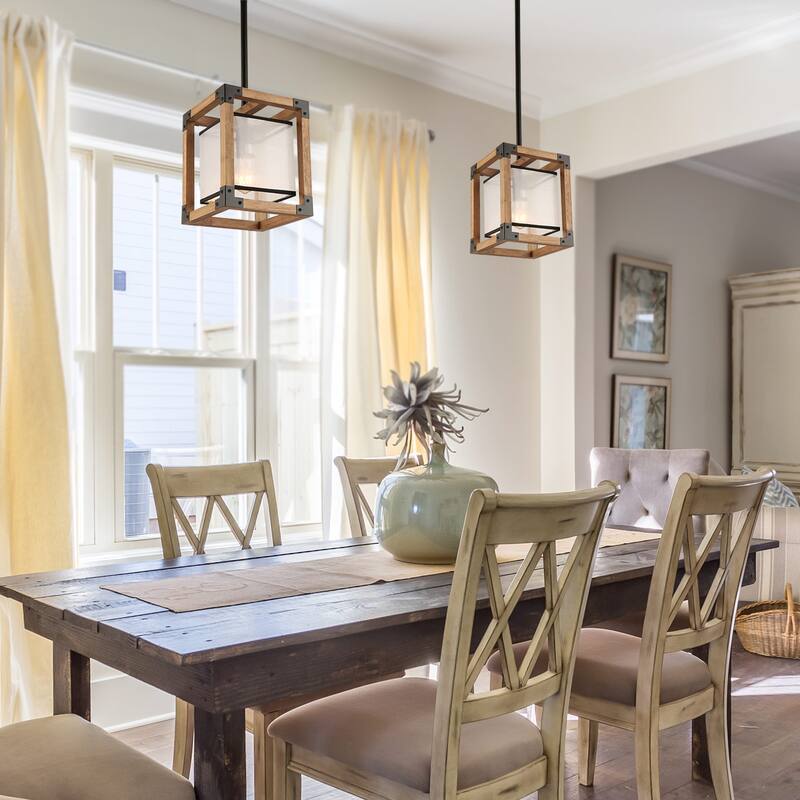 Anmytek 1-Light Farmhouse Wood Square Pendant Light Fabric Shade Kitchen Island Lights for Dining Room - 8" L x 8" W x 10" H